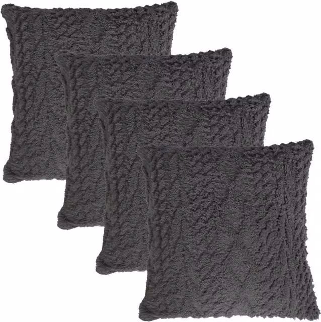 OHS Pack of 4 Classic Square Cable Knit and Teddy Cushion Covers in Grey and Cream
