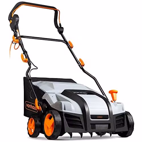 VonHaus Electric Lawn Scarifier, Aerator and Rake in Grey with 38cm Working Width and 55L Collection Box