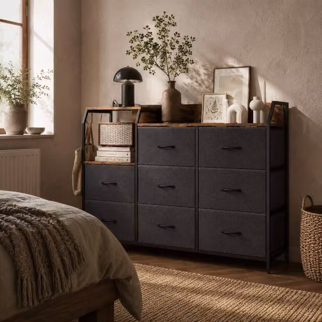 Wyld Haus 8 Drawer Industrial Metal and Wood Storage Chest with Integrated Charging Station in Brown and Black