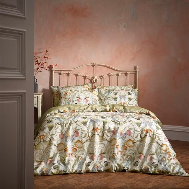 Edinburgh Weavers Reversible Floral Birds Cotton Percale Duvet Cover Set, Stone/Silver/Multicolour, W: 200 cm x H: 200 cm