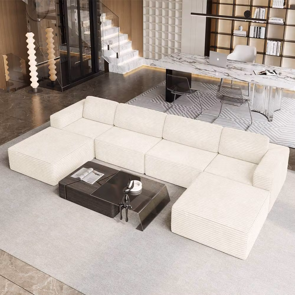 Dprodo Corduroy Modular U-Shape Sofa in Beige with Matching Ottoman – 3