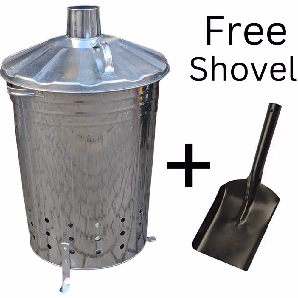 SPETLEK 90L Galvanised Steel Garden Incinerator Rubbish Fire Bin with Flip Lid in Metallic Silver – 3