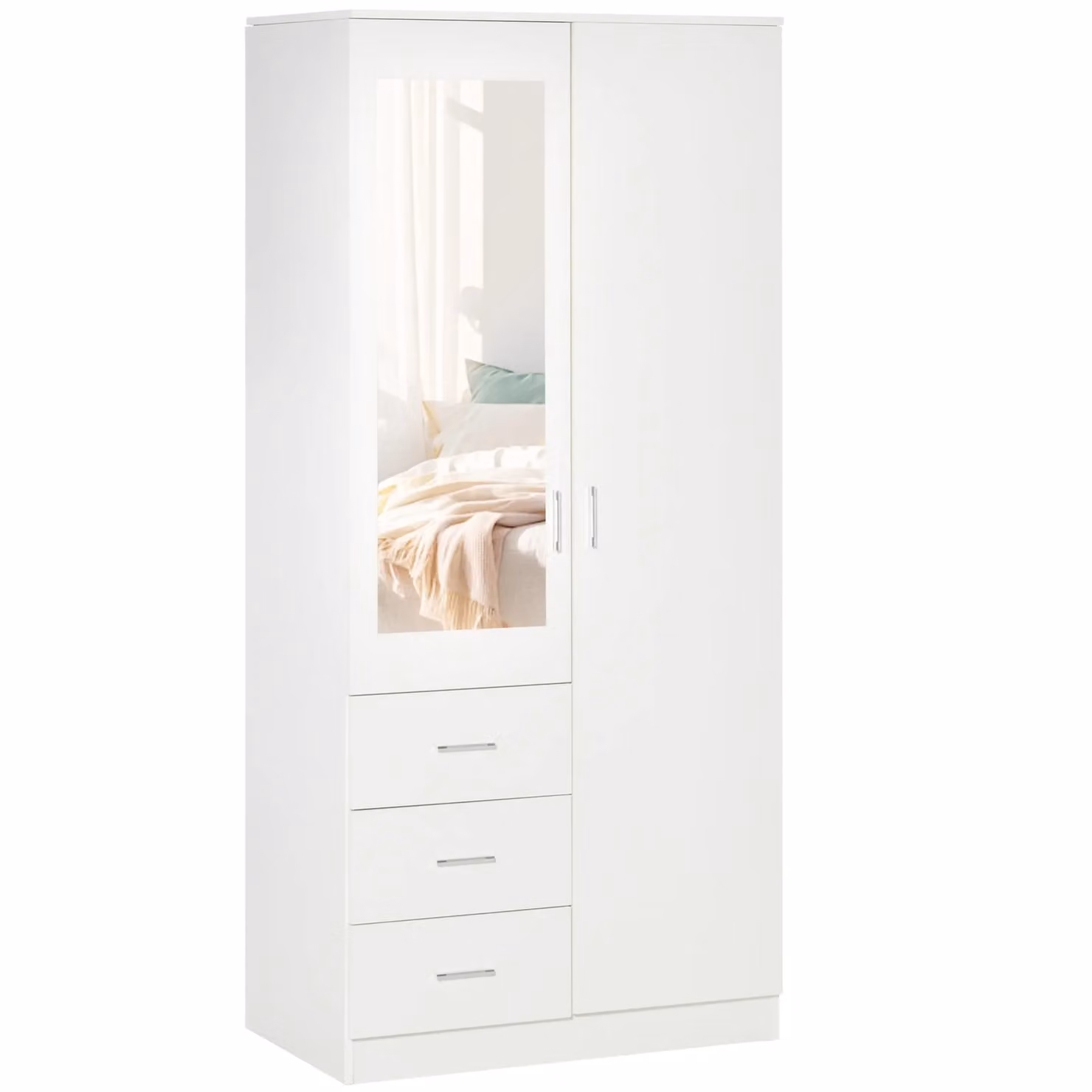 HOMCOM 2 Door Wardrobe with Mirror, 3 Drawers and Adjustable Shelves, White, H 180 x W 80 cm – 2