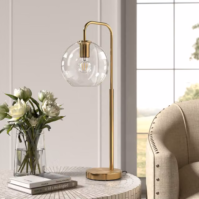 Livingandhome Retro Table Lamp with Copper Metal Base and Transparent Glass Sphere in Gold/Brass