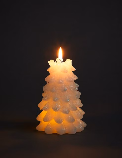 M&S White Christmas Tree Light Up Wax Pillar Candle Figure