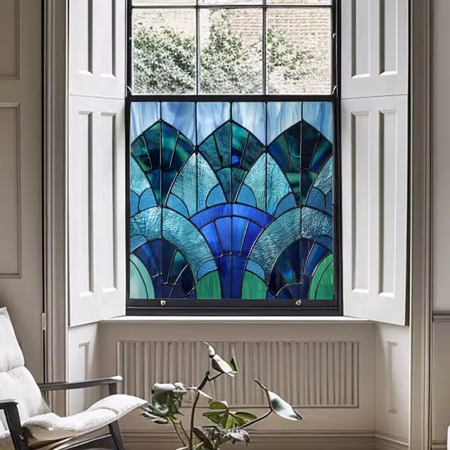 Creative Printing Solutions Milan Stained Glass Privacy Window Film in Blue with Floral and Geometric Design, W/D/H: 40 x 40 x 40 cm