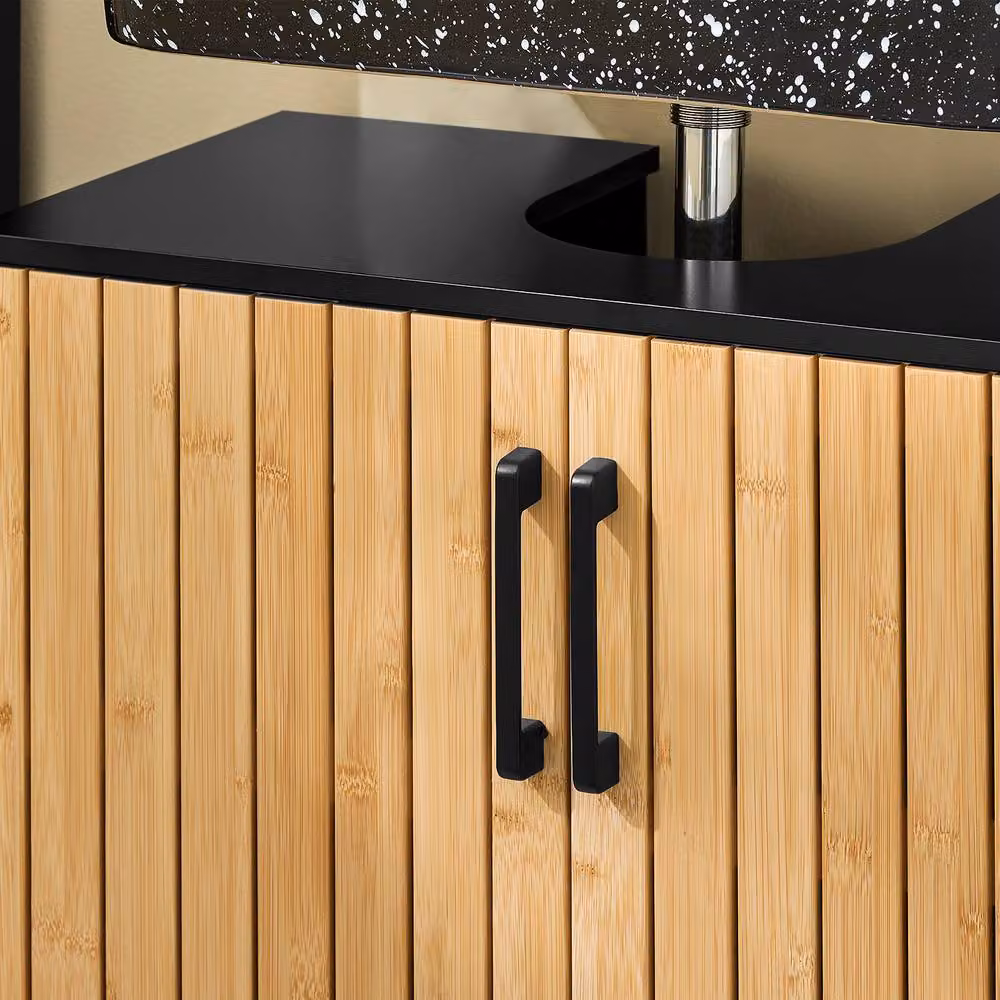 SoBuy Modern Under Sink Bathroom Cabinet with Natural Bamboo Hinged Doors and Black Metal Frame – 2