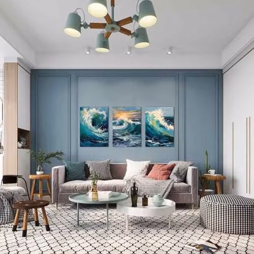 Simpa Waves of the Sea 3 Panel Canvas Wall Art, Multicolour Blue Maritime Landscape, W/H: 120 x 60 cm – 3