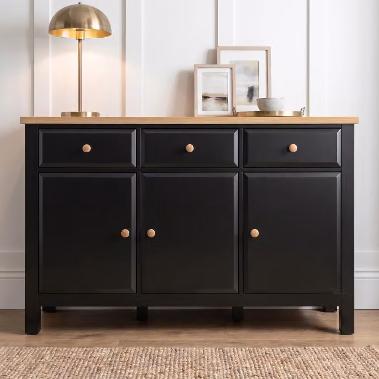 Haven Large Black Sideboard with Oak Top and Drawers, W/D/H: 135 x 43 x 81 cm