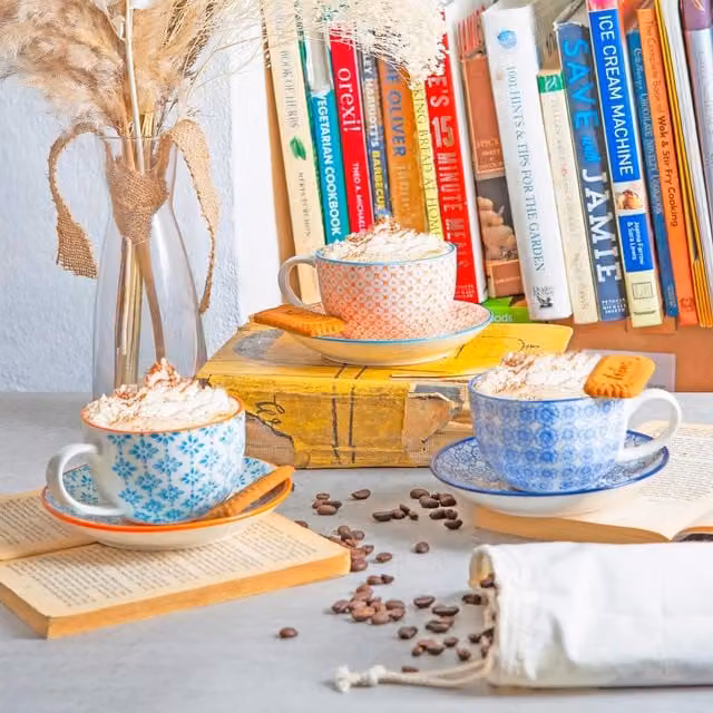 Nicola Spring Hand-Printed Cappuccino Cup and Saucer Set in Blue and Orange, 250ml, Pack of 12