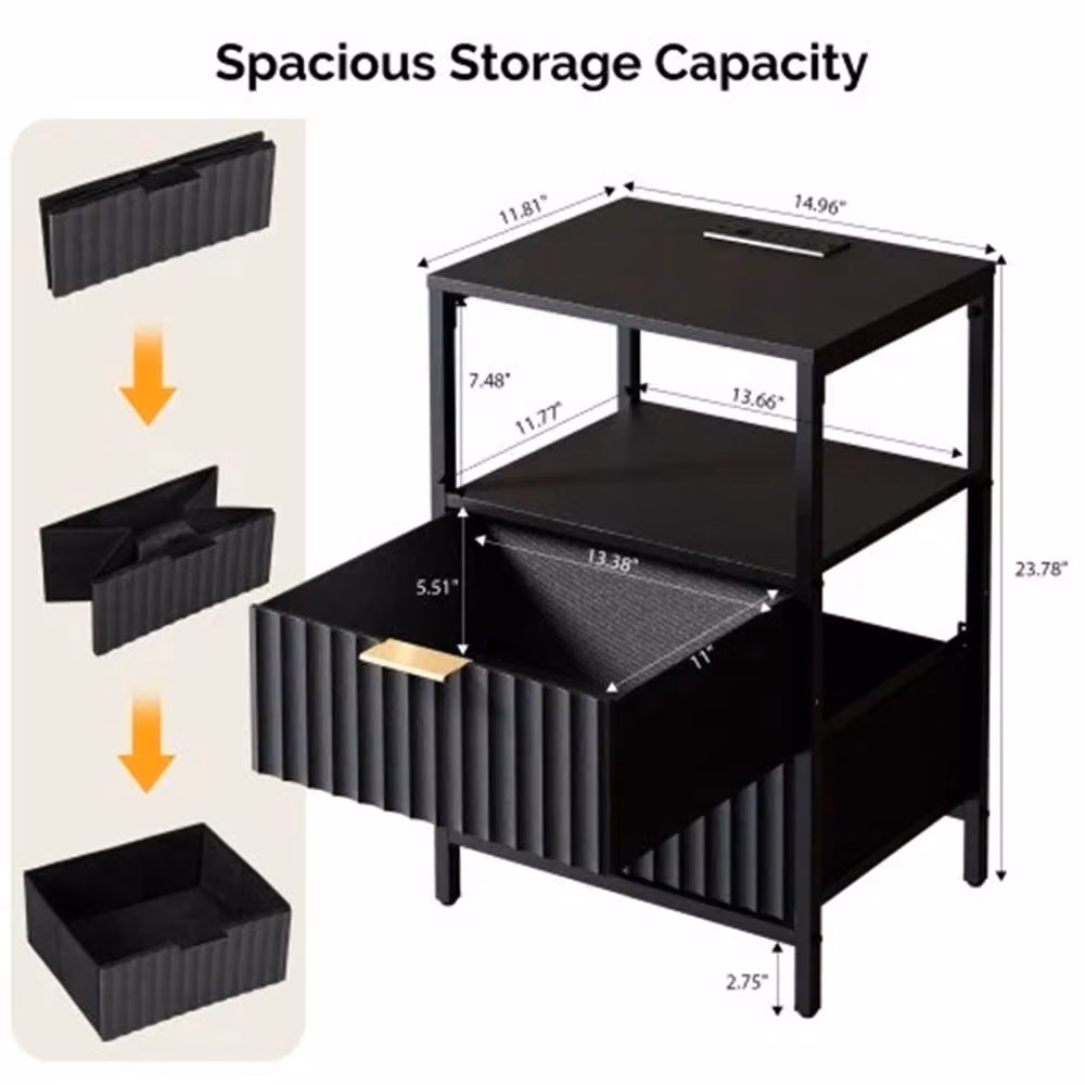 NESTLUNE 2 Drawer Bedside Table Cabinet with Charging Station, Black, W: 60.0 cm, D: 38.0 cm, H: 5.0 cm – 3