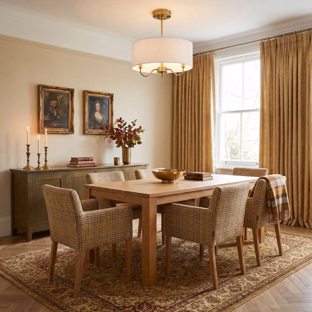 Happy Homewares Classic Semi Flush Ceiling Light with White Fabric Shade in Gold/Brass – 2
