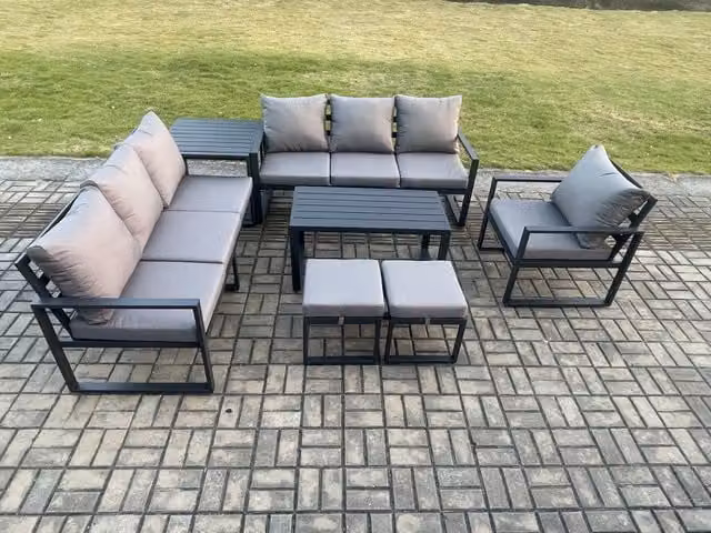 Fimous 9 Seater Aluminium Garden Furniture Set in Dark Grey with L-Shape Sofa, Coffee Table, Armchairs and Ottomans