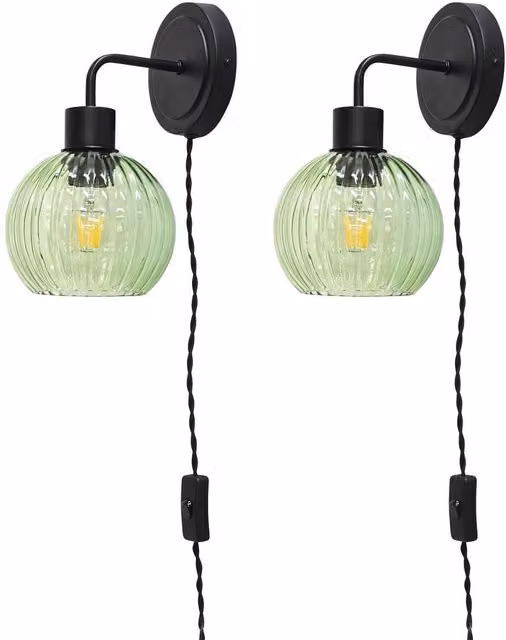 First Choice Lighting Toby Set of 2 Black Plug-in Wall Lights with Green Ribbed Glass Shades – 1