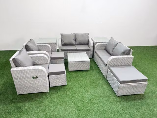 Fimous 9 Seater Rattan Garden Furniture Set with Reclining Chairs, Square Coffee Table, 3 Stools and 2 Side Tables in Light Grey