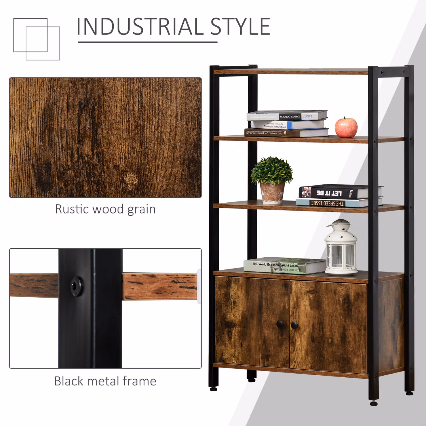HOMCOM Industrial 3-Tier Bookshelf and Storage Cabinet with Doors in Rustic Brown – 5