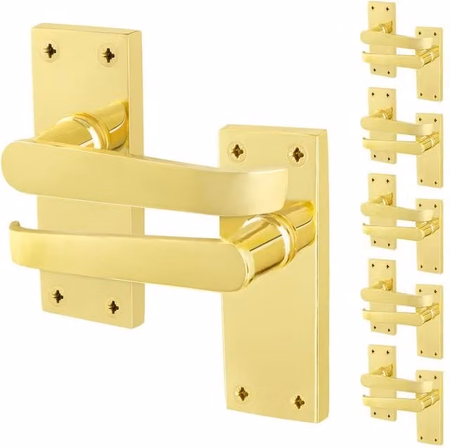 AFIT Polished Brass Door Handle Latch Set with Backplates in Gold, 6 Pairs