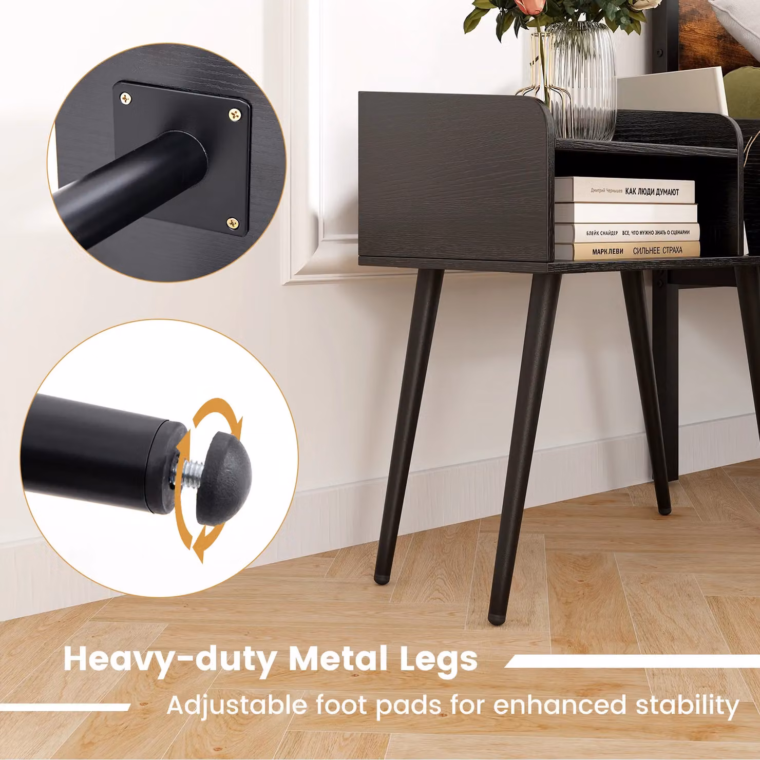 Gymax Set of 2 Modern Black 2-Tier Metal Bedside Nightstands with Open Shelves – 4