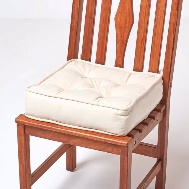 Homescapes Square Cotton Dining Chair Booster Cushion in Beige, Yellow or White