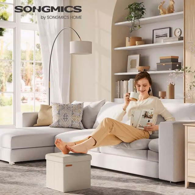 SONGMICS Foldable Storage Ottoman Footstool in White