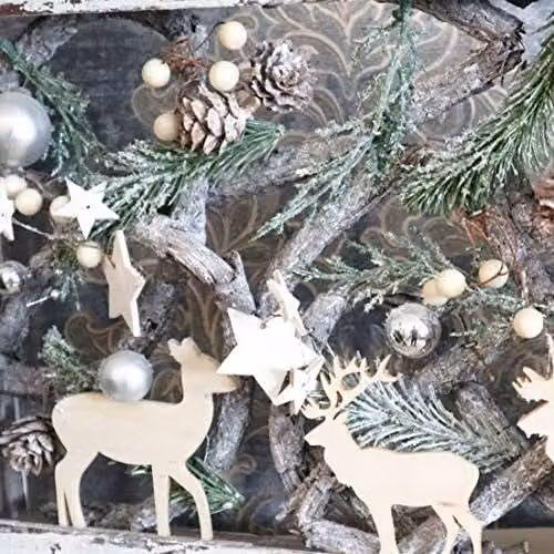 Shatchi Christmas Pre-Lit Rectangular Wooden Tabletop Centrepiece Decoration in White, Brown and Silver with Warm White LEDs – 5