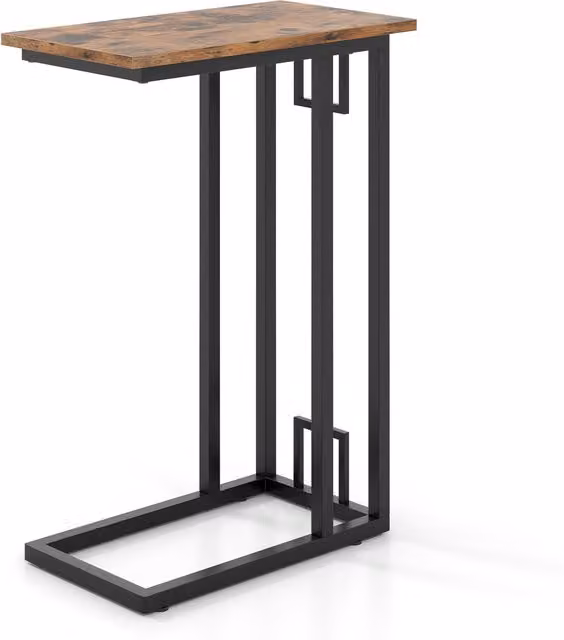 COSTWAY C-Shaped Side Table in Brown with Industrial Metal and Wood Design