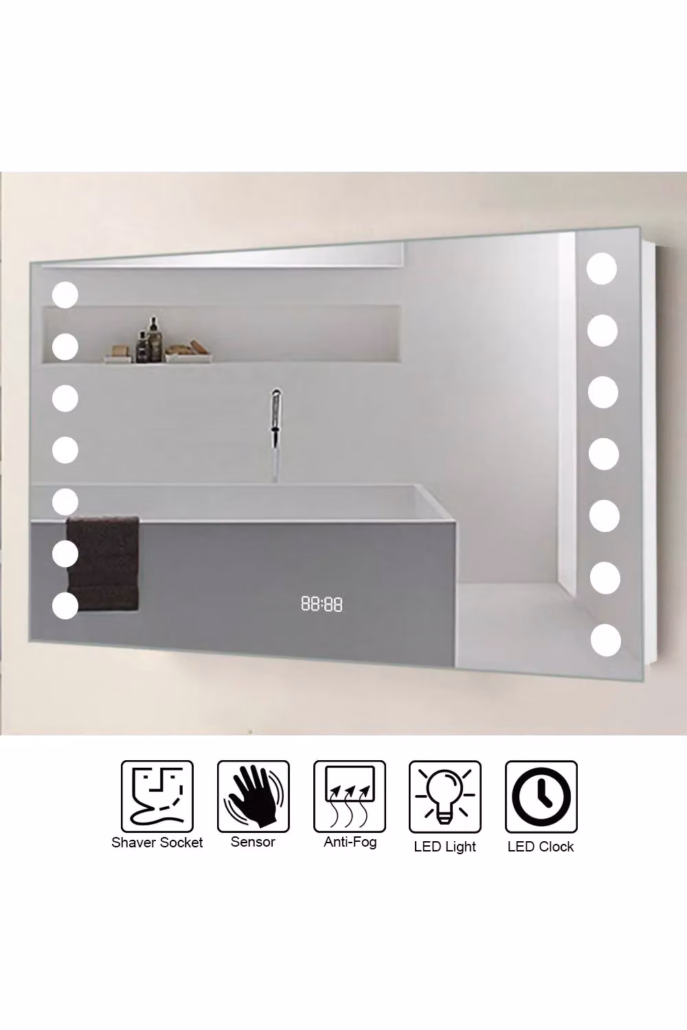 H&O Direct Wall Mounted Fog-Free LED Horizontal Bathroom Mirror with Clock in Silver W: 80.0 cm, H: 60.0 cm – 2