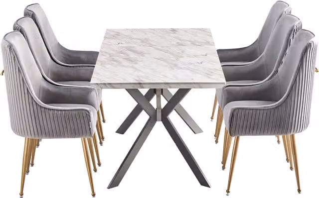 Life Interiors Soho Blaze LUX Dining Set with Rectangular Drop Leaf Table and 6 Grey Velvet Padded Chairs