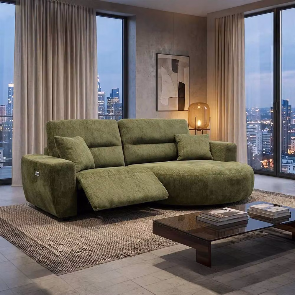 Furnishings For Less UK Denton Green Right Hand Electric Recliner Chaise Sofa in Green Chenille Fabric – 2