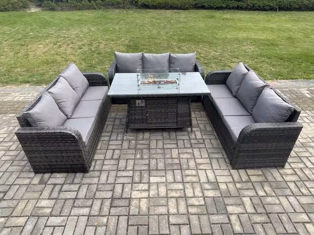 Fimous 4 Piece Rattan Garden Furniture Set with Fire Pit Table in Dark Grey Anthracite