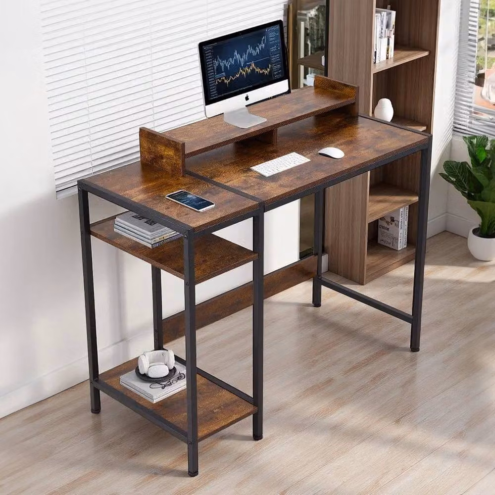 FLAVORA Brown Industrial Gaming Desk and Home Office Workstation – 5