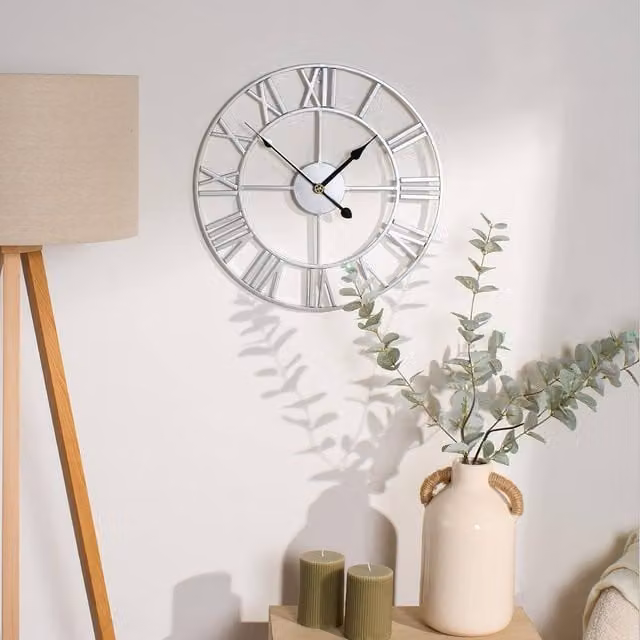 KORVIXA Silver Round Industrial Metal Wall Clock, Diameter: 40 cm