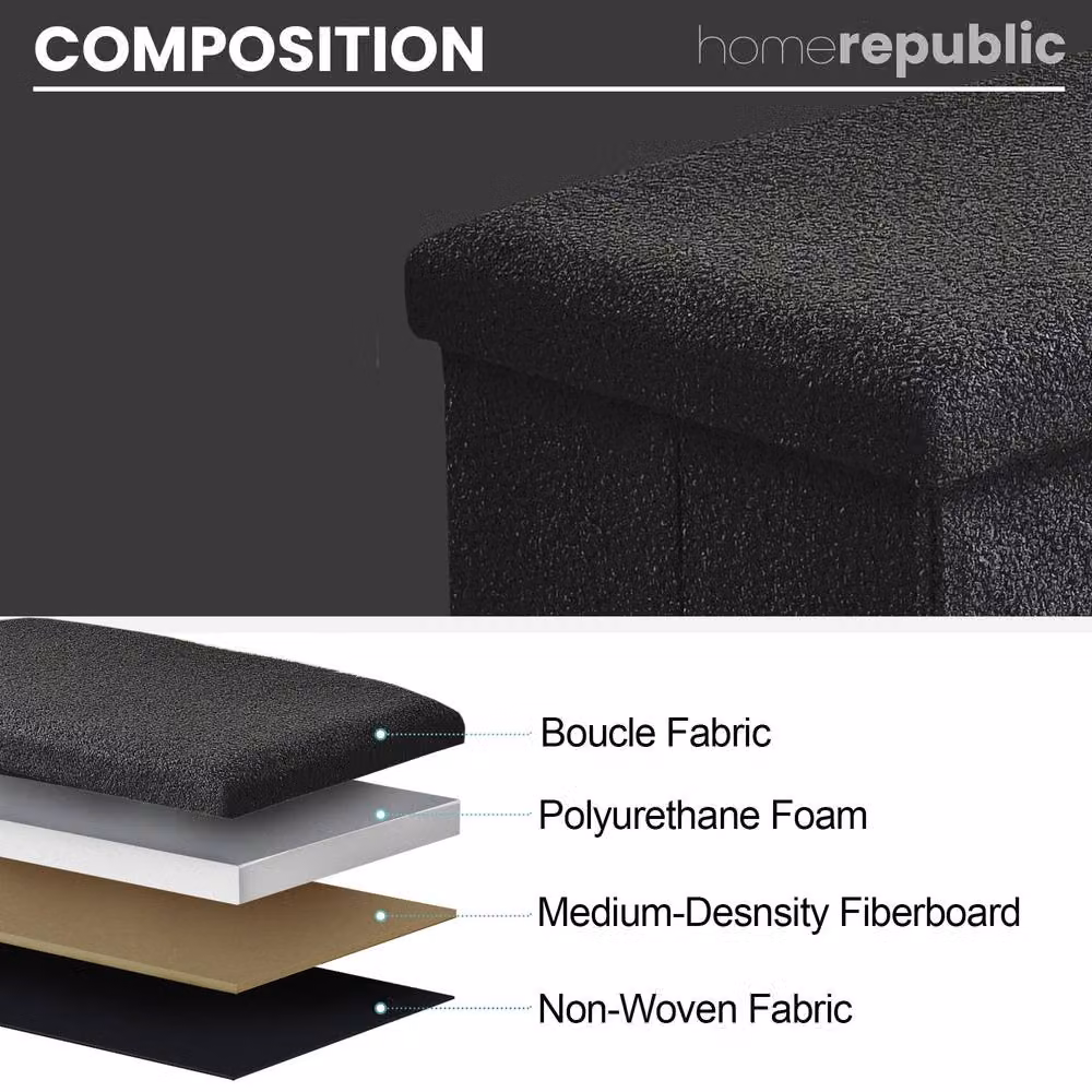 Home Republic Teddy Boucle Foldable Storage Ottoman in Black, Small – 4