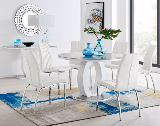 FurnitureboxUK Giovani Round Grey Glass Dining Table and 4 White Isco Chairs Set, Diameter: 120 cm