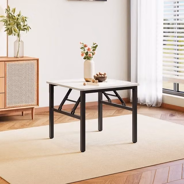 Livingandhome Modern Square Folding Coffee Table with Abstract Marble-Effect Top, White and Black, W: 60 cm