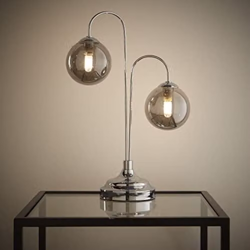 K LIVING Chrome Table Lamp with Two Arms and Silver Smokey Glass Sphere Shades – 1