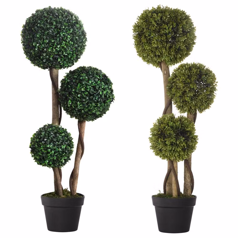 HOMCOM Set of 2 Dark Green Artificial Round Boxwood Ball Topiary Trees for Indoor or Outdoor Tabletop Use – 2