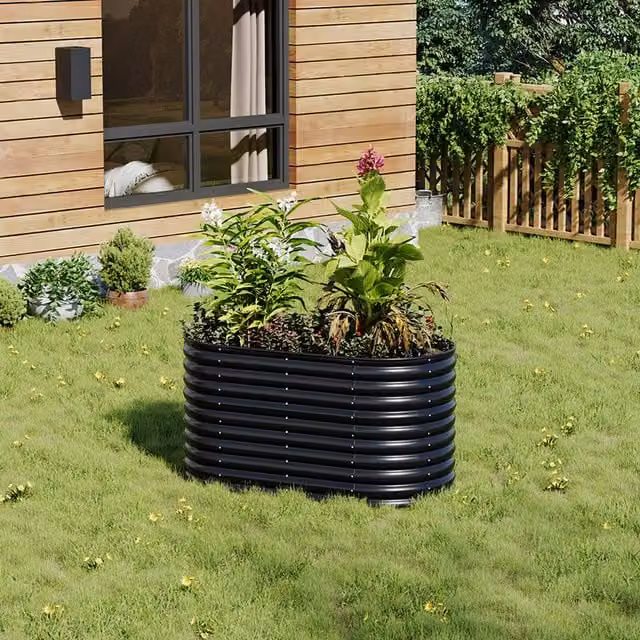 Lifeideas Anthracite Oval Metal Raised Flower Bed, W: 160 cm, D: 80 cm, H: 80 cm