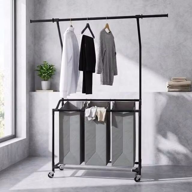 STILVORA Laundry Basket Unit with Hanging Rail and 3 Baskets in Grey