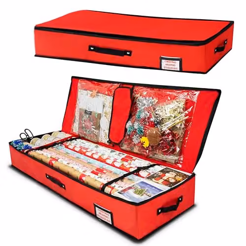 Pelle & Sol Christmas Wrapping Paper Storage Bag in Red, Fits 24 Rolls, Foldable Fabric Organizer with Handles