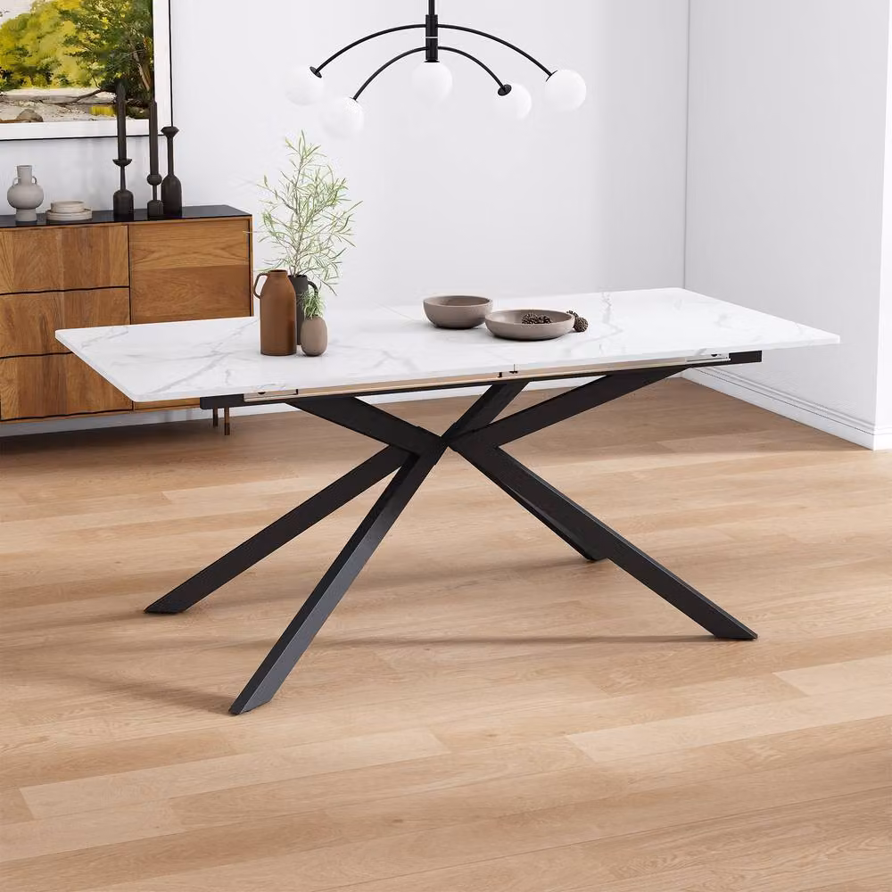 ModernLuxe Extendable Rectangular Dining Table with Marble Design and X-Frame Cross Legs in White – 2