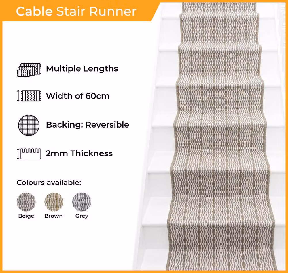 runrug Cable Stair Runner Carpet in Beige, W: 60 cm x L: 510 cm – 2