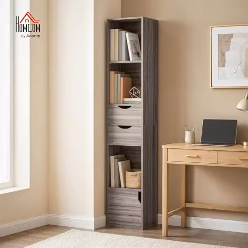 HOMCOM 3-Tier Grey Modern Bookcase with Drawers, H 158 x W 30 x D 24 cm – 2
