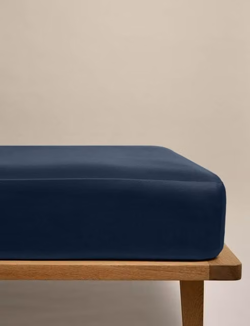 M&S Egyptian Cotton 400 Thread Count Mako Satin Deep Fitted Sheet, Blue, W/D/H: 200 x 200 x 30 cm