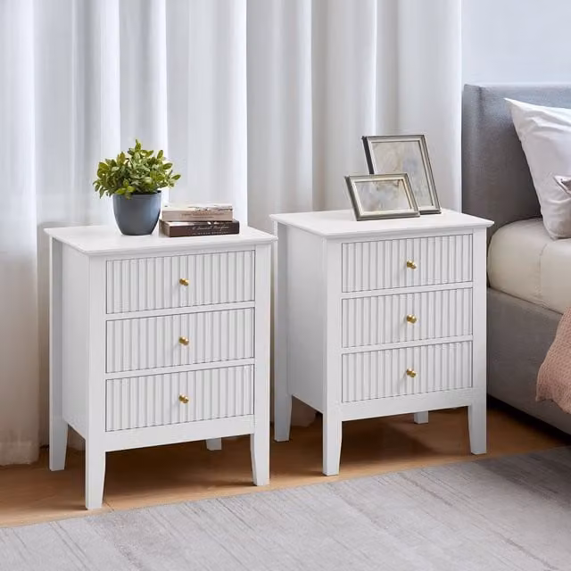 Melody Maison Pair of 3 Drawer Bedside Tables in White and Gold Hales Range