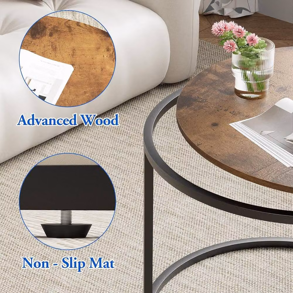 Huhote Set of 2 Round Nesting Side Tables with Brown Metal Frame – 5