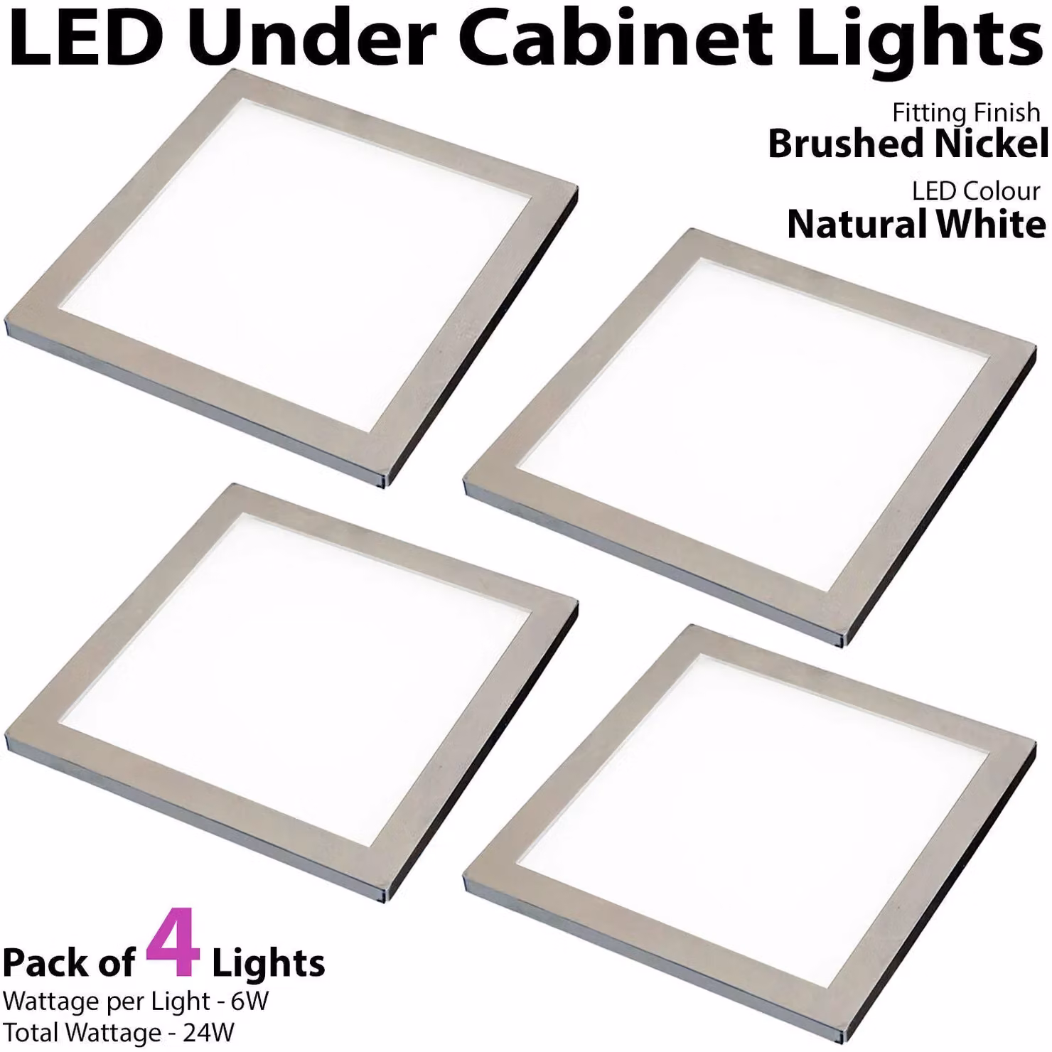Loops 4x Brushed Nickel Ultra-Slim Square Under Cabinet Kitchen LED Light and Driver Kit in Silver – 3