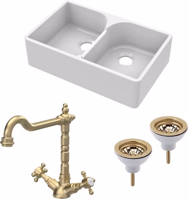Balterley White Ceramic 2 Bowl Stepped Weir Butler Sink with Brushed Brass Wastes and Tap, Width: 795 mm