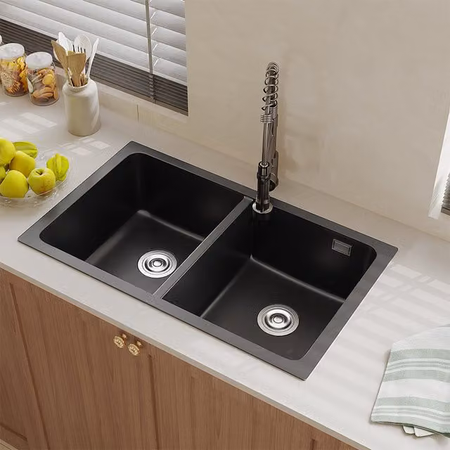 Livingandhome Black Granite Composite Kitchen Sink, Width: 83.5 cm