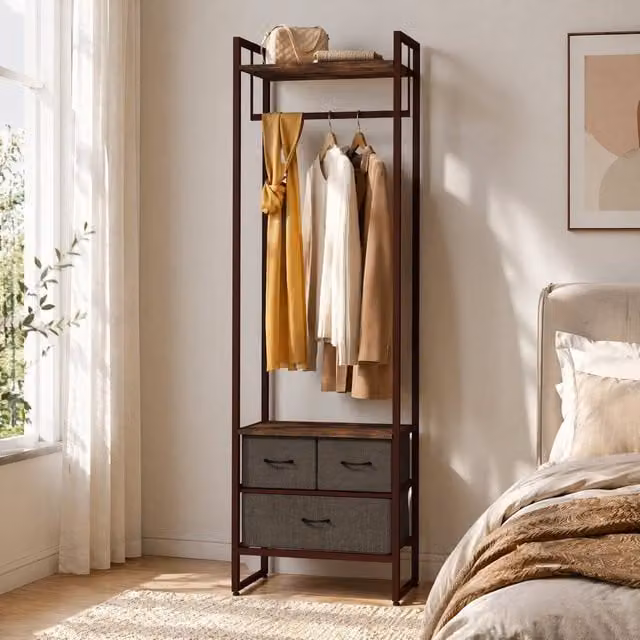 STILVORA Clothes Rail with 3 Drawers and Shelf, Rustic Brown – 1